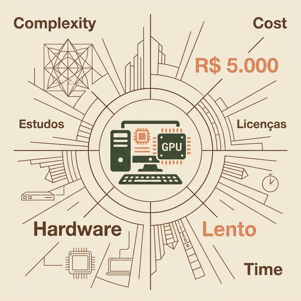 Infográfico mostrando as principais dores do uso do V-Ray: custo, hardware, lentidão