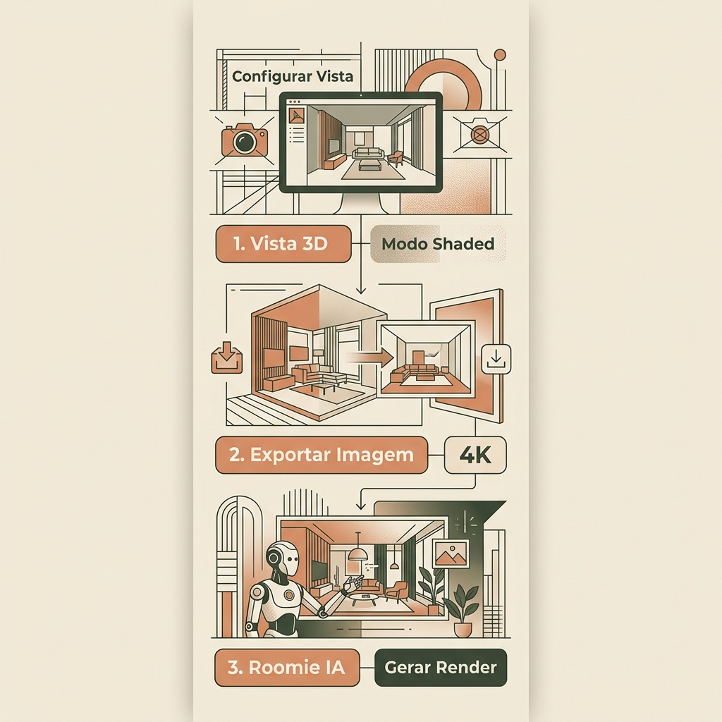 Infográfico resumindo os passos para exportar corretamente visualizações do Revit para o Roomie IA