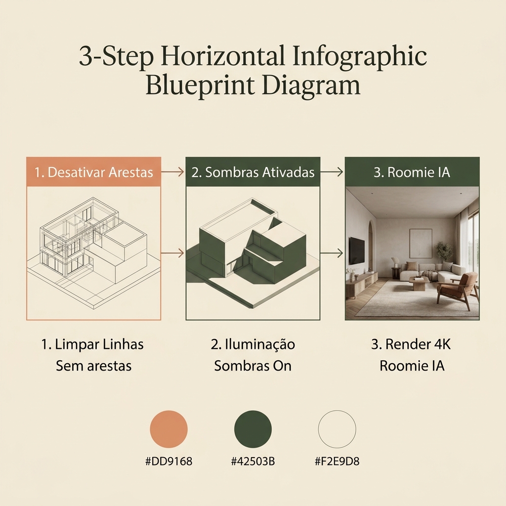 Infográfico com dicas cruciais de configuração de visualização no SketchUp para melhores resultados com IA