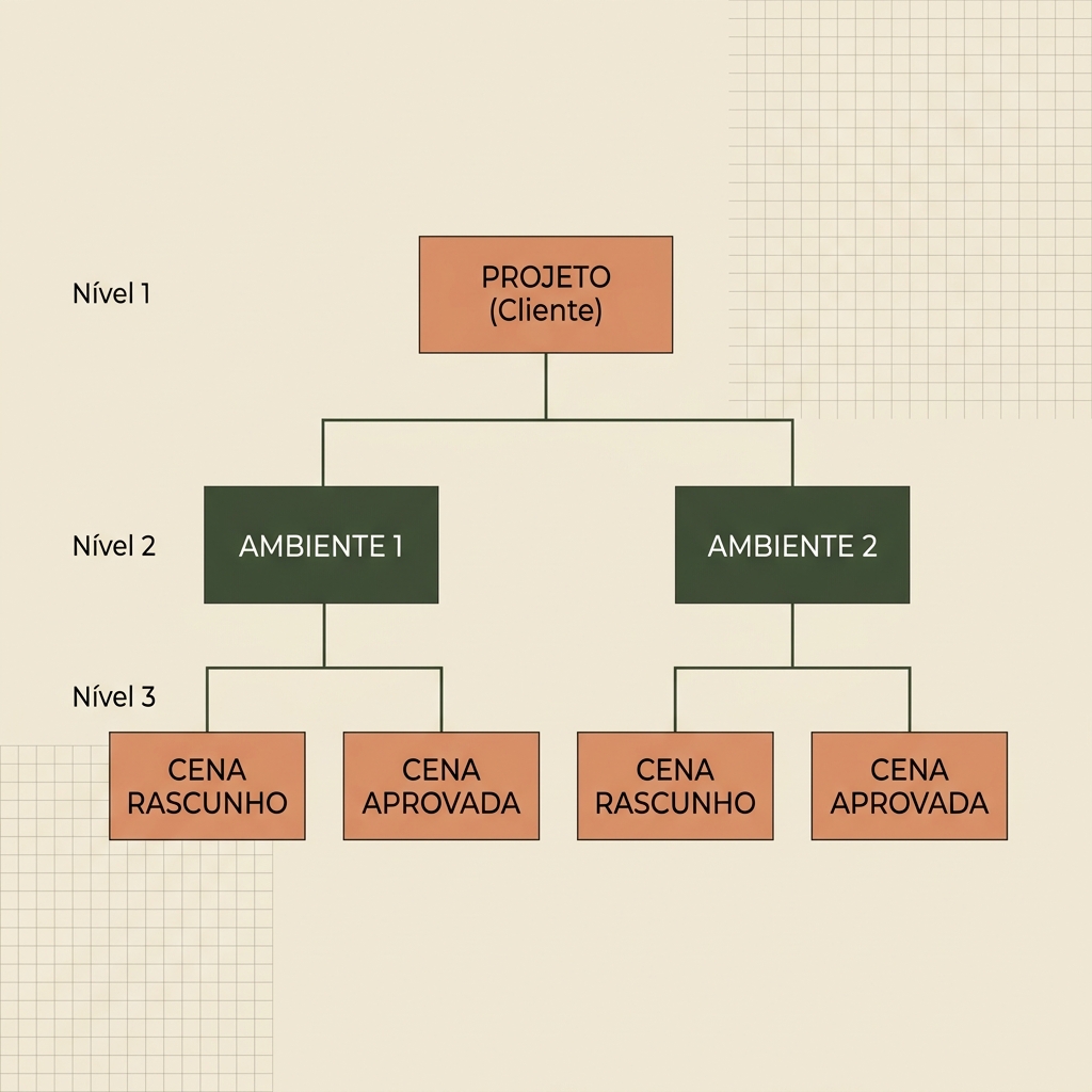 Diagrama estrutural mostrando a organização correta de projetos, ambientes e cenas no Roomie