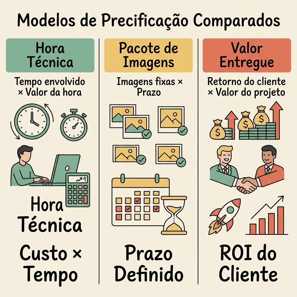Comparativo dos três principais modelos de precificação de render (Hora Técnica, Pacote e Valor Entregue)