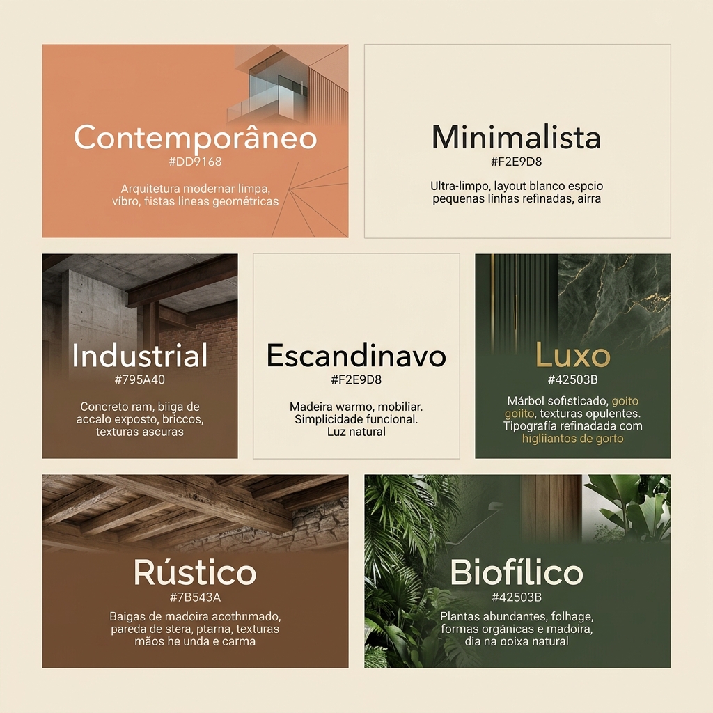 Infográfico apresentando resumos dos 7 estilos de arquitetura e design de interiores mais populares no Brasil